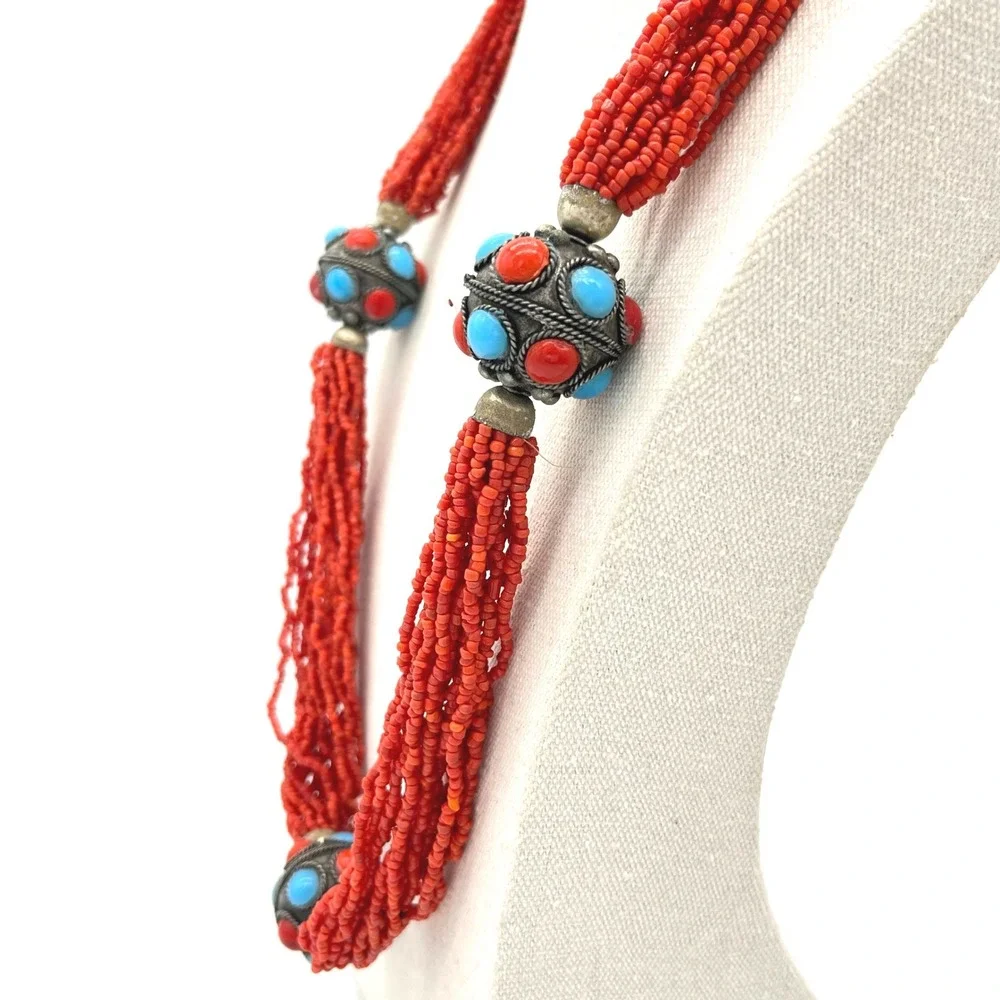 Vintage Multi Strand Red‎ Seed Bead Necklace Turquoise Filigree Statement 26in